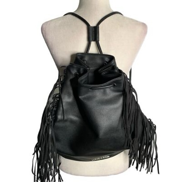 Victoria's Secret Black Faux Leather Fringe Hobo Women's Backpack - Picture 10 of 13